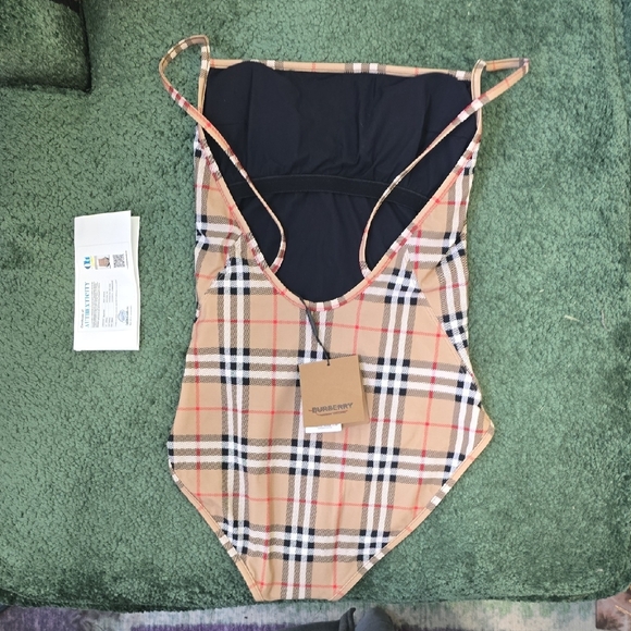 Brand New With Tags Burberry Beige Black Red Vintage Check One-Piece - Picture 2 of 2